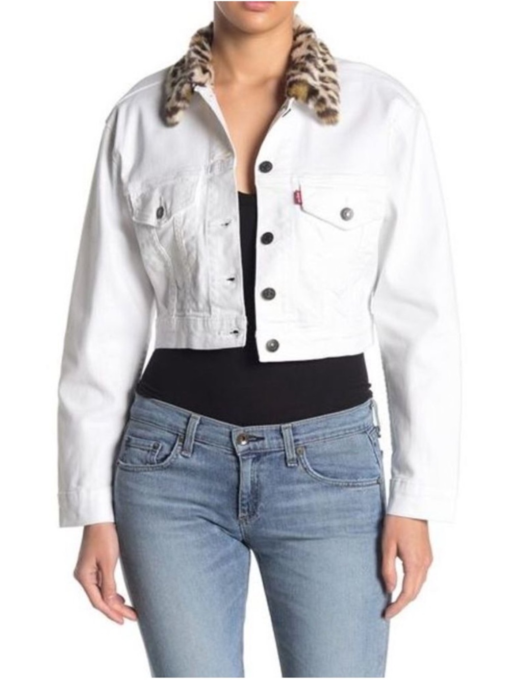 Levi’s Cropped White Denim Jacket with a Faux Fur Leopard Print Collar
